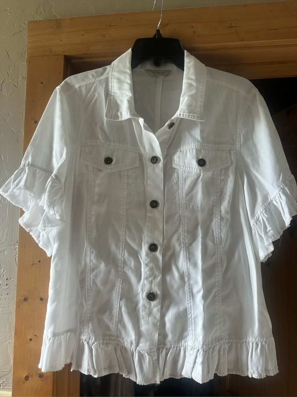 Multiples White Ruffle Sleeve Button-Front Jacket